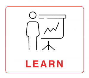 Learn – human figure illustration with a slide show in background with the word "Learn"