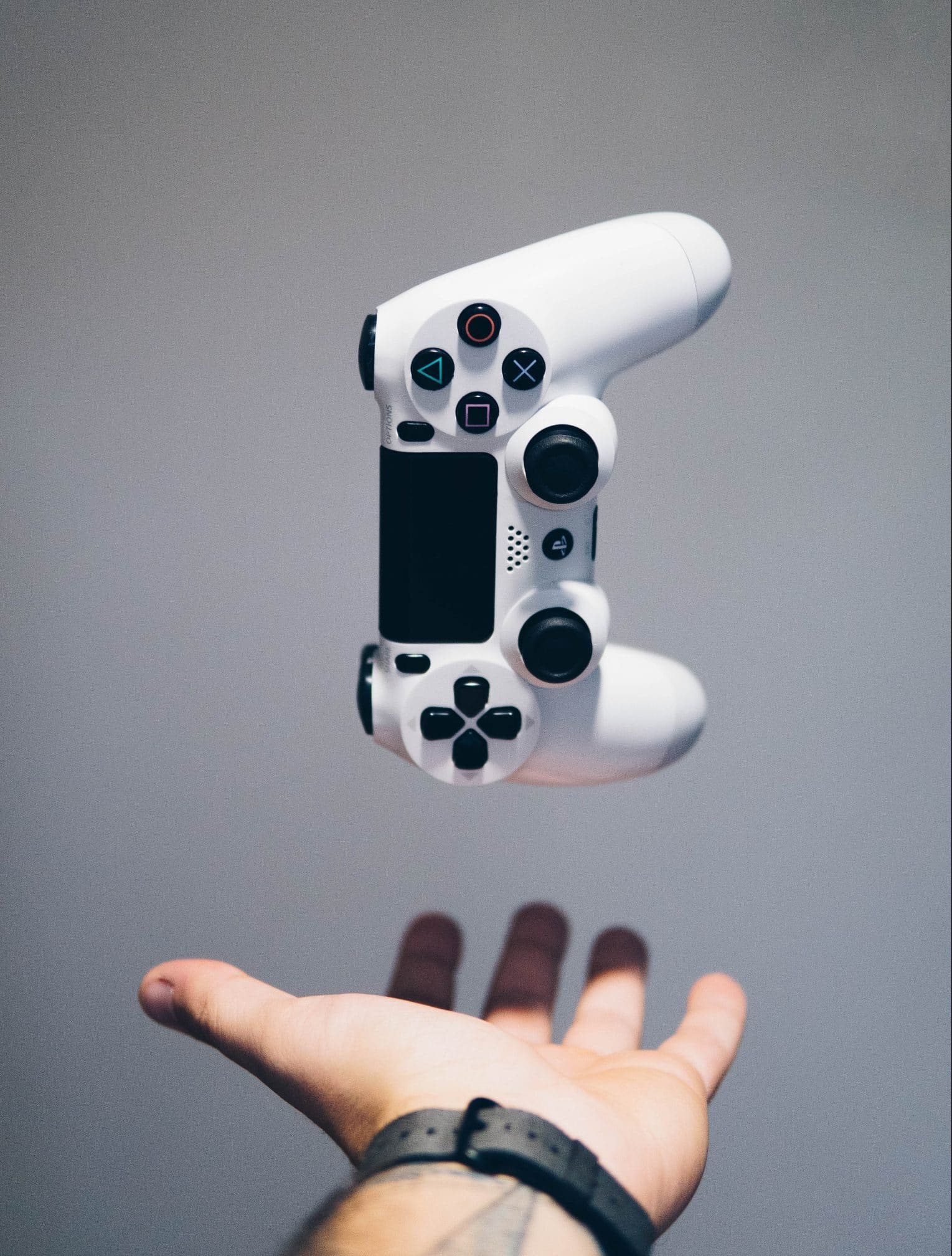 white Sony PS4 DualShock controller over person's palm