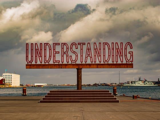 brown wooden dock near body of water under clouding sky with large sign that says "understanding"