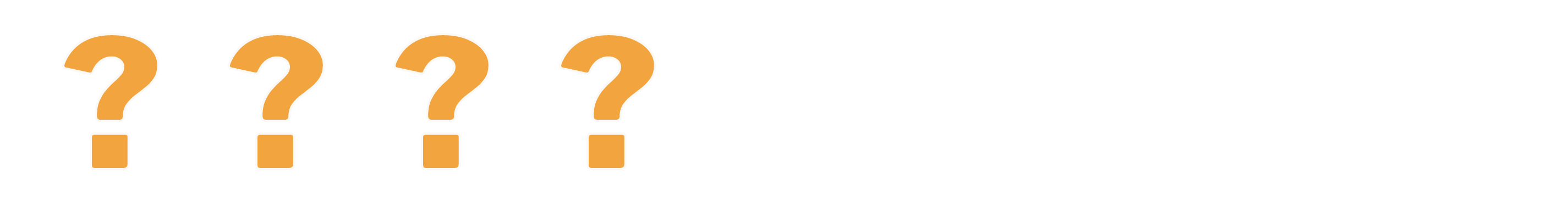 A horizontal row of four bold orange question marks on a solid black background, introducing the four core questions an AI implementation roadmap must answer.