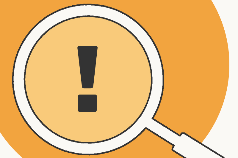 Magnifying glass with an exclamation point on an orange background, representing the critical question businesses must answer before implementing AI